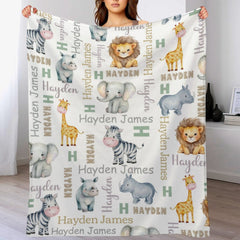 Free Shipping✈️Baby Boy Safari Blanket Personalized Safari Animals Blanket