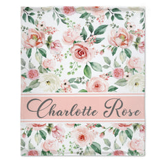 Personalized Pink Floral Rose Custom Name Baby Blanket