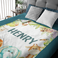 Free Shipping✈️ Personalized Custom Name Jungle Cute Animals Baby Blanket - Baby Shower Gifts