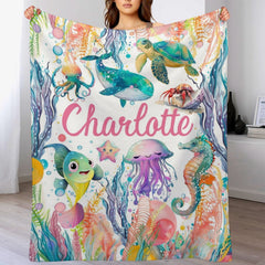 Free Shipping✈️Personalized Baby Toddler Name Blanket-Watercolor Sea Animals