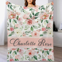 Personalized Pink Floral Rose Custom Name Baby Blanket