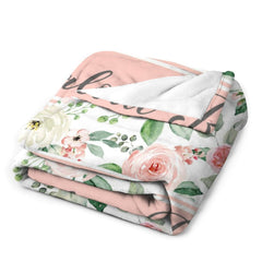 Personalized Pink Floral Rose Custom Name Baby Blanket