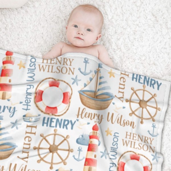 Name Custom Nautical Baby Blanket – Birthday Memorial Gift - xoqan