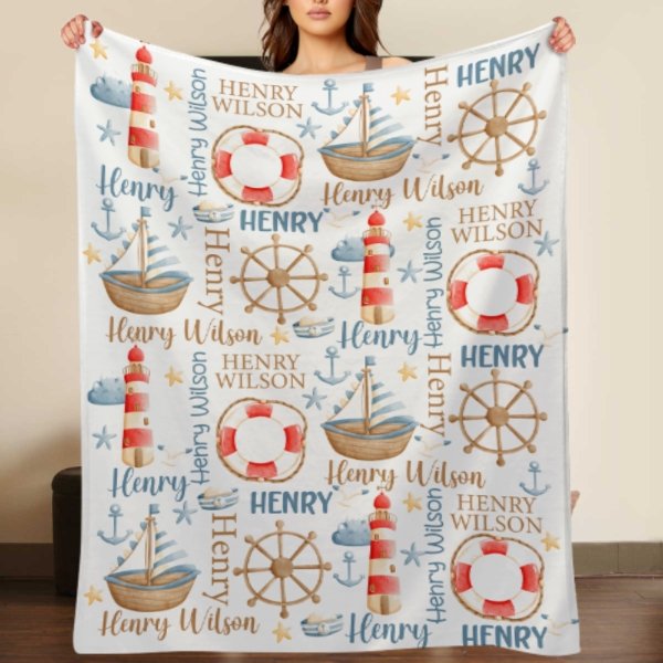 Name Custom Nautical Baby Blanket – Birthday Memorial Gift - xoqan