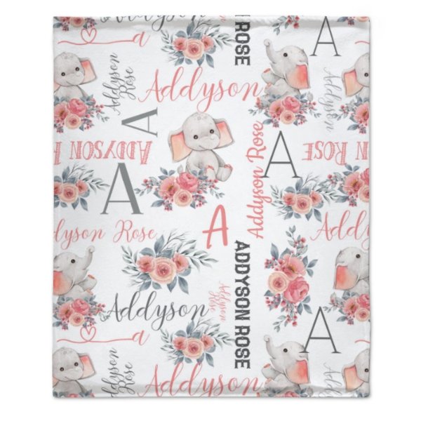 Personalized Custom Name Baby Girl Elephant Blanket - Baby Gift - xoqan