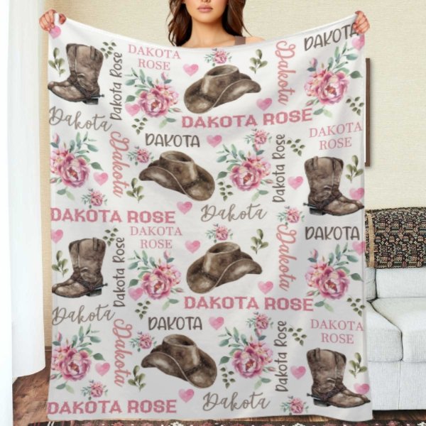 Pink Flower Cowgirl Girl Custom Blanket -Gift for Baby Shower Gift - xoqan